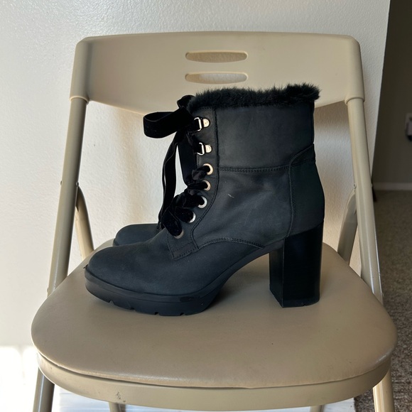 Geox Respira Faux Fur Lined Black Italian Leather Heeled Boots Size 8.5 - Picture 4 of 12